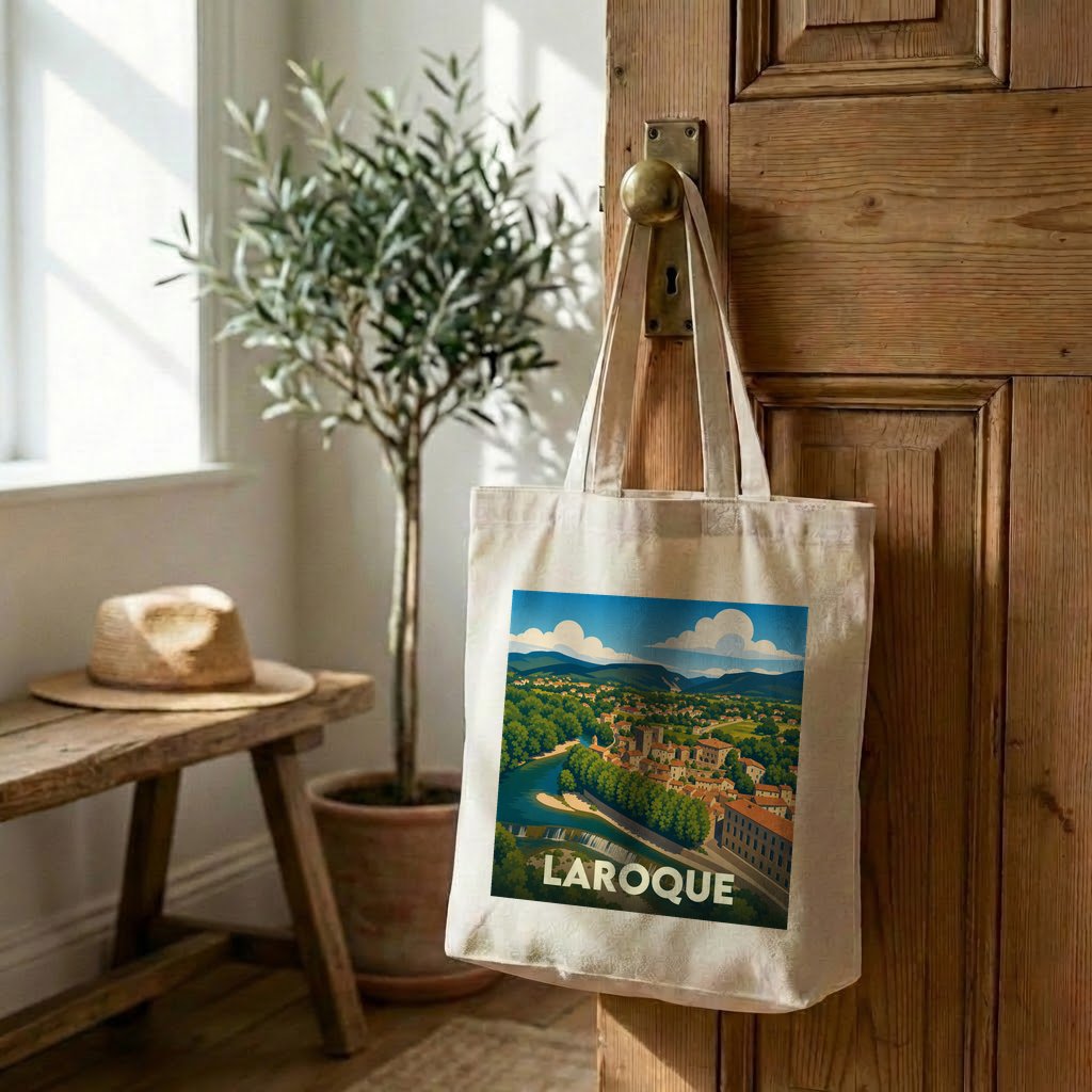 Tote bag souvenir de la ville de Laroque avec une illustration stylisée.