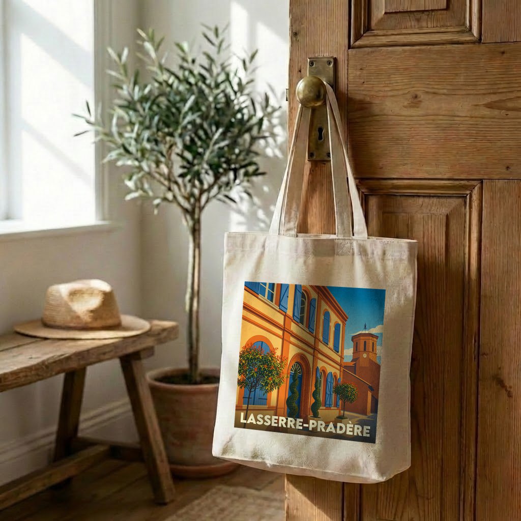 Tote bag souvenir de la ville de Lasserre-Pradère avec une illustration colorée et stylisée.