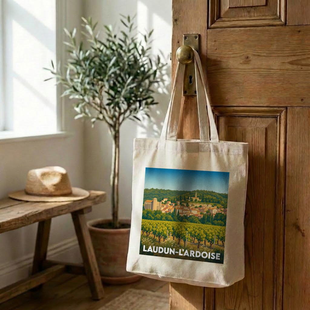 Tote bag souvenir de la ville de Laudun-l'Ardoise avec une illustration stylisée d'un vignoble et du village.