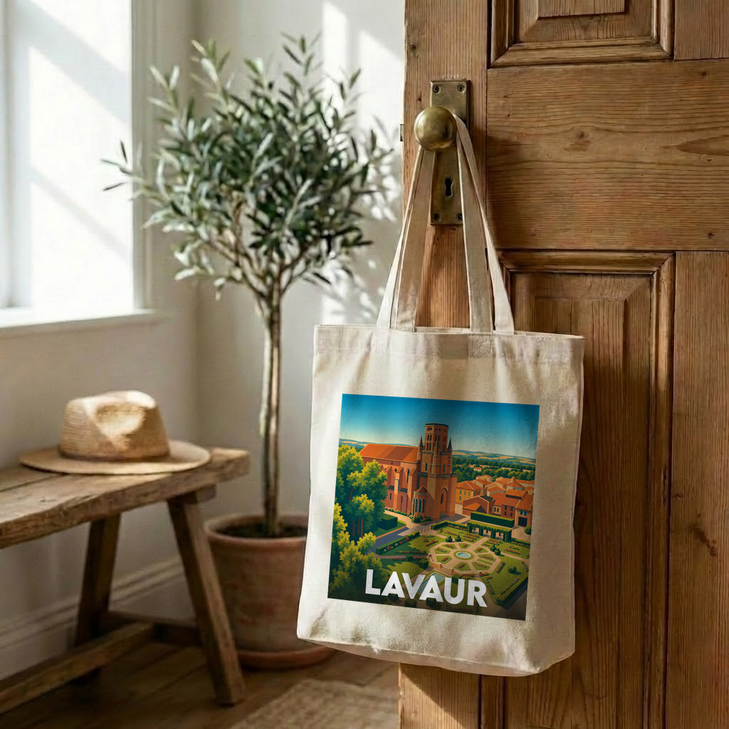 Tote bag souvenir de la ville de Lavaur avec une illustration stylisée.