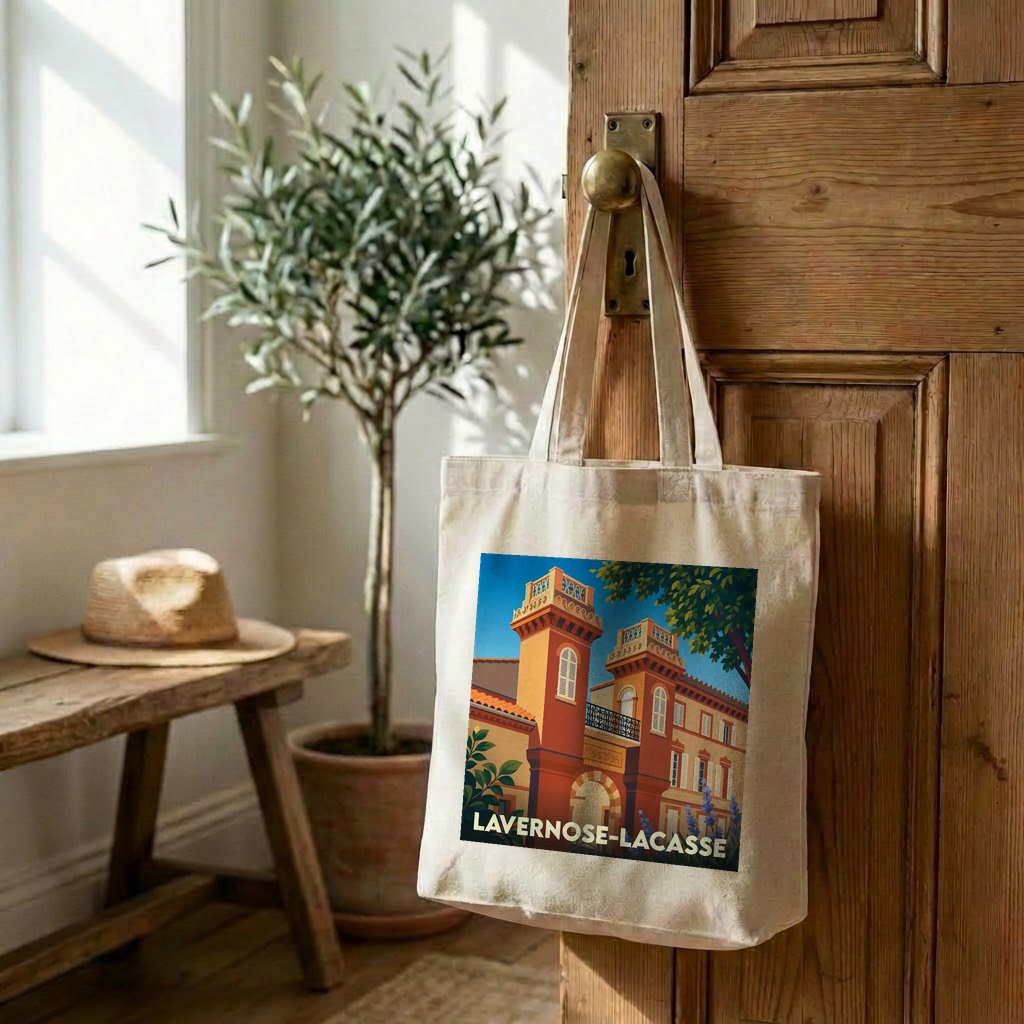 Tote bag souvenir de la ville de Lavernose-Lacasse avec une illustration stylisée.