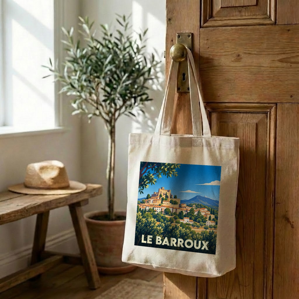 Tote bag souvenir de la ville de Le Barroux avec une illustration stylisée.
