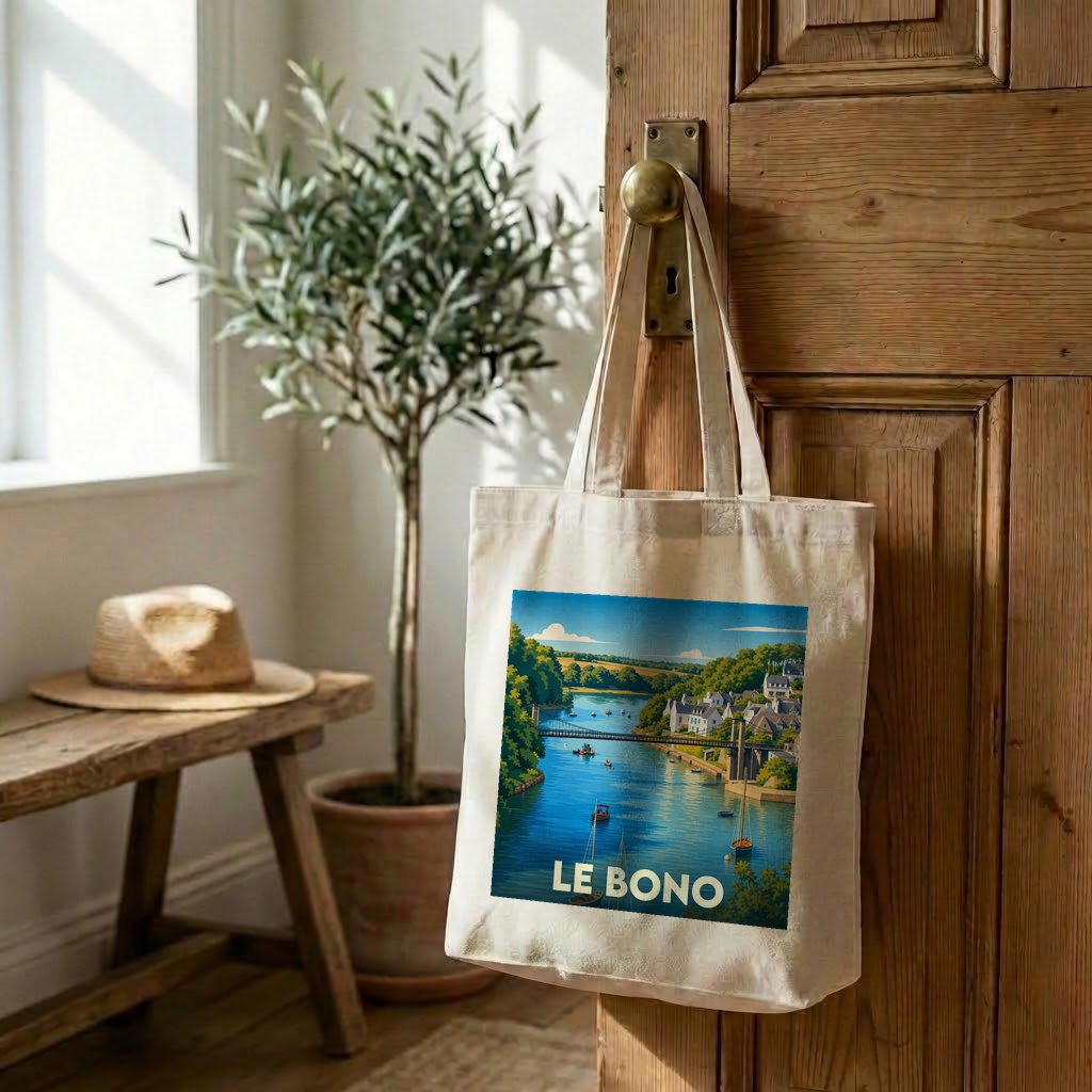Tote bag souvenir de la ville de Le Bono avec une illustration stylisée.