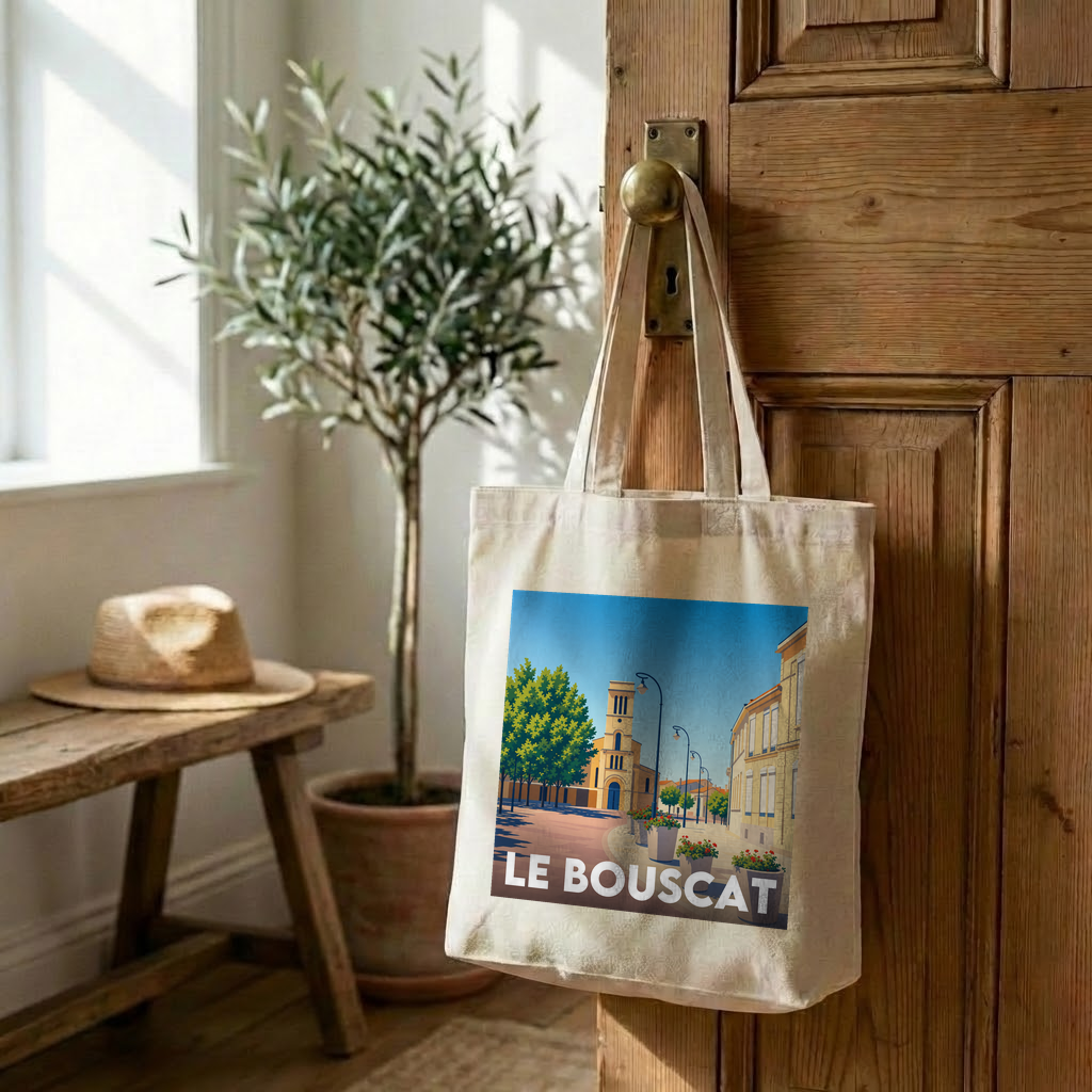 Tote bag souvenir de la ville de Le Bouscat avec une illustration stylisée.