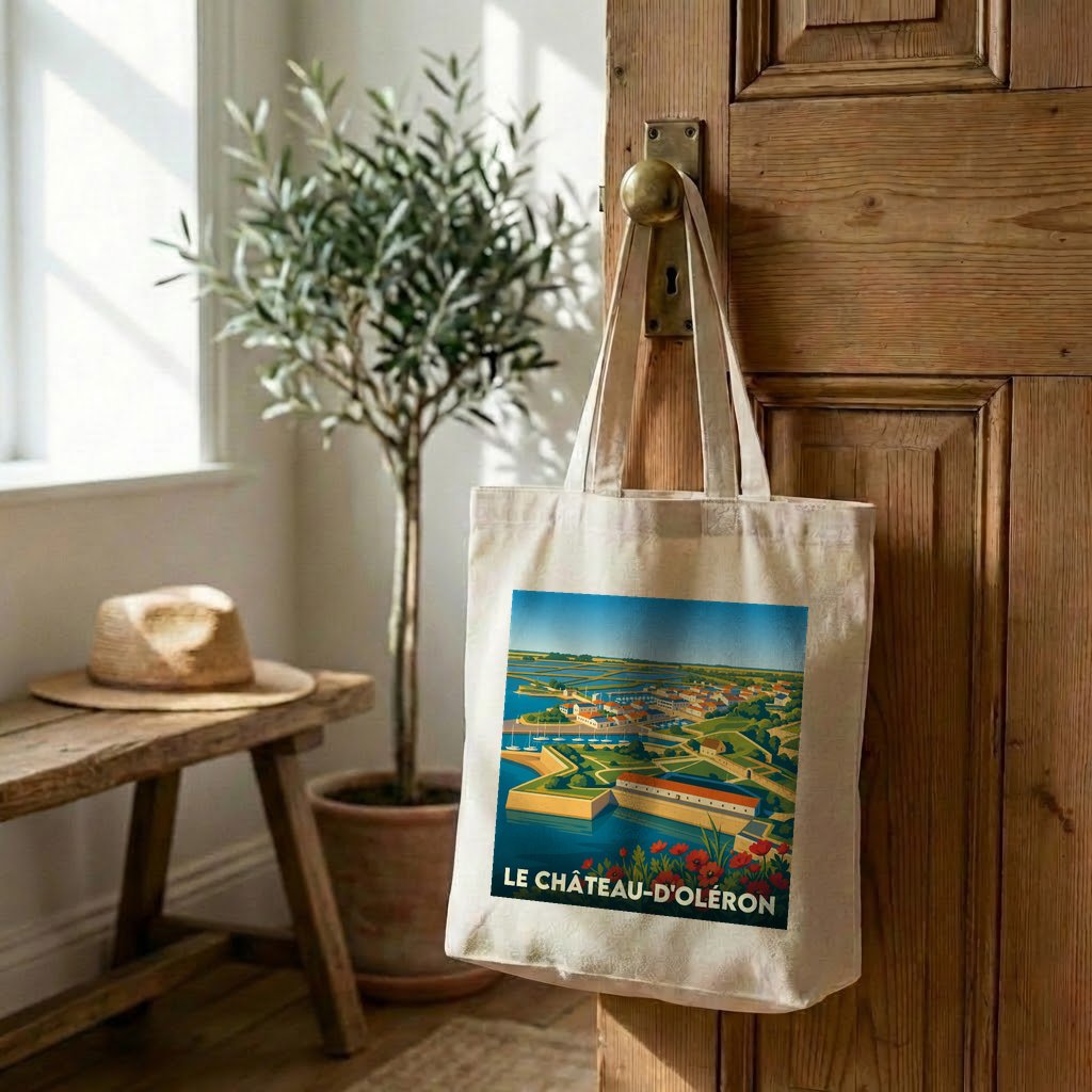 Tote bag souvenir de la ville de Le Château-d'Oléron avec une illustration stylisée.