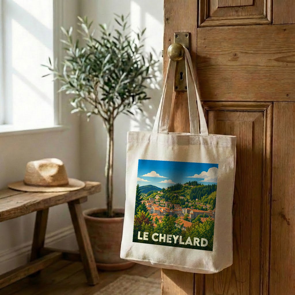 Tote bag souvenir de la ville de Le Cheylard avec une illustration paysagère stylisée.