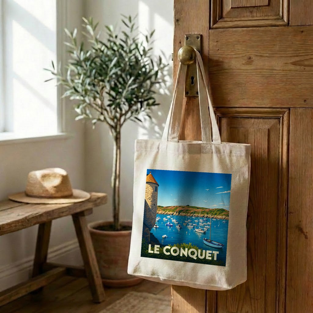 Tote bag souvenir de la ville de Le Conquet avec une illustration maritime stylisée.