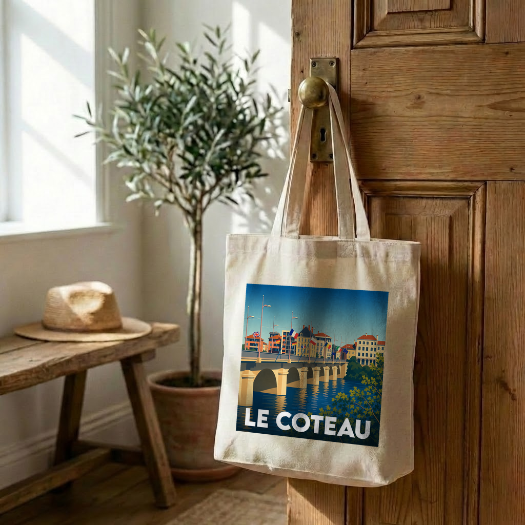 Tote bag souvenir de la ville de Le Coteau avec une illustration stylisée de son pont.