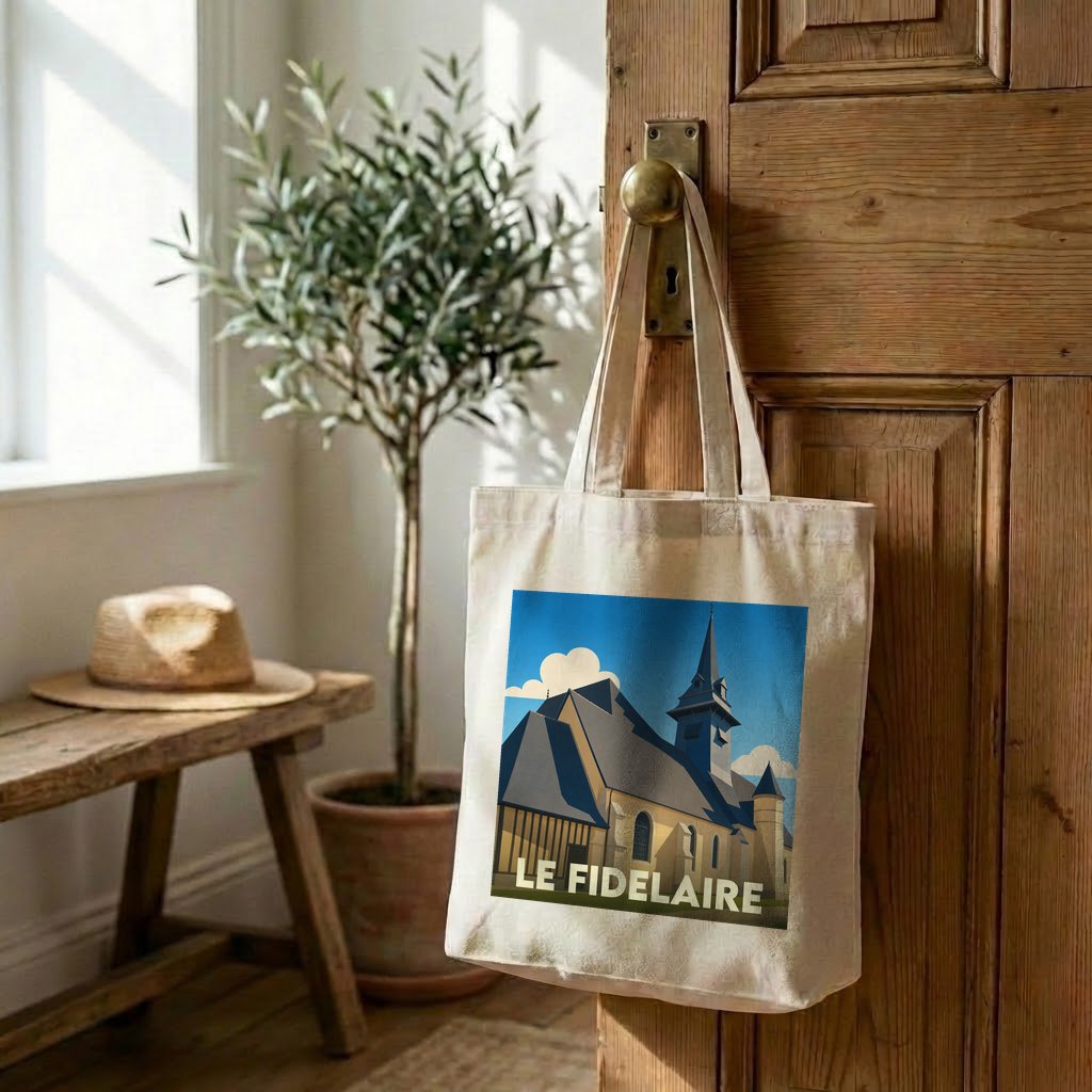 Tote bag souvenir de la ville de Le Fidelaire avec une illustration stylisée de son église.