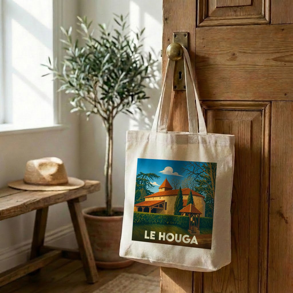 Tote bag souvenir de la ville de Le Houga avec une illustration stylisée d'un bâtiment historique.
