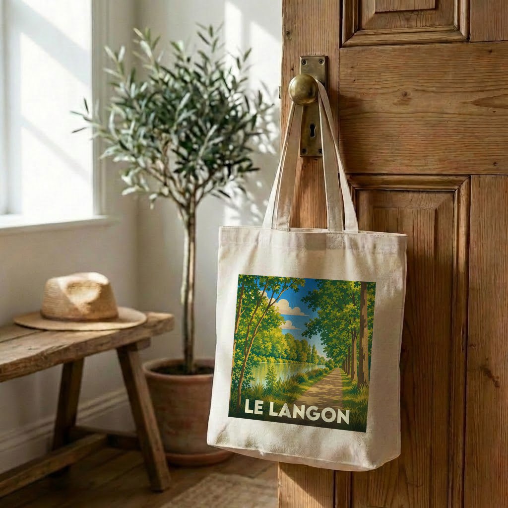 Tote bag souvenir de la ville de Le Langon avec une illustration stylisée de sous-bois au bord de l'eau.