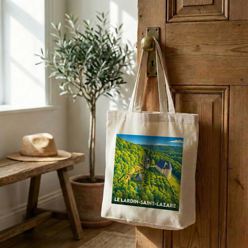 Tote bag souvenir de la ville de Le Lardin-Saint-Lazare avec une illustration paysagère stylisée.