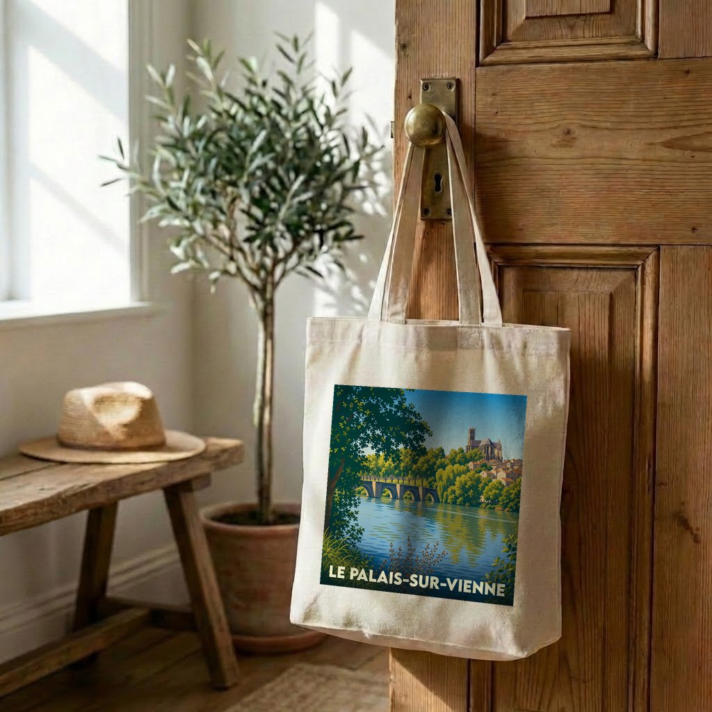 Tote bag souvenir de la ville de Le Palais-sur-Vienne avec une illustration stylisée.