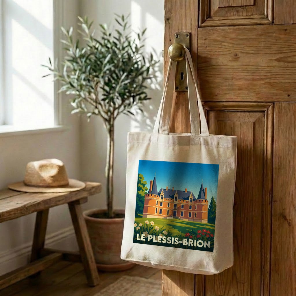 Tote bag souvenir de la ville de Le Plessis-Brion avec une illustration stylisée de son château.