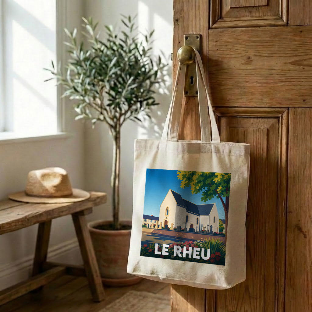 Tote bag souvenir de la ville de Le Rheu avec une illustration stylisée de son église.