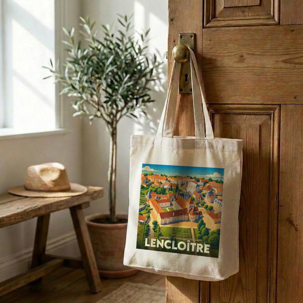 Tote bag souvenir de la ville de Lencloître avec une illustration stylisée.