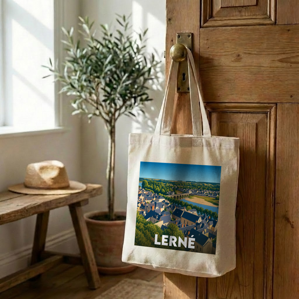 Tote bag souvenir de la ville de Lerné avec une illustration stylisée.