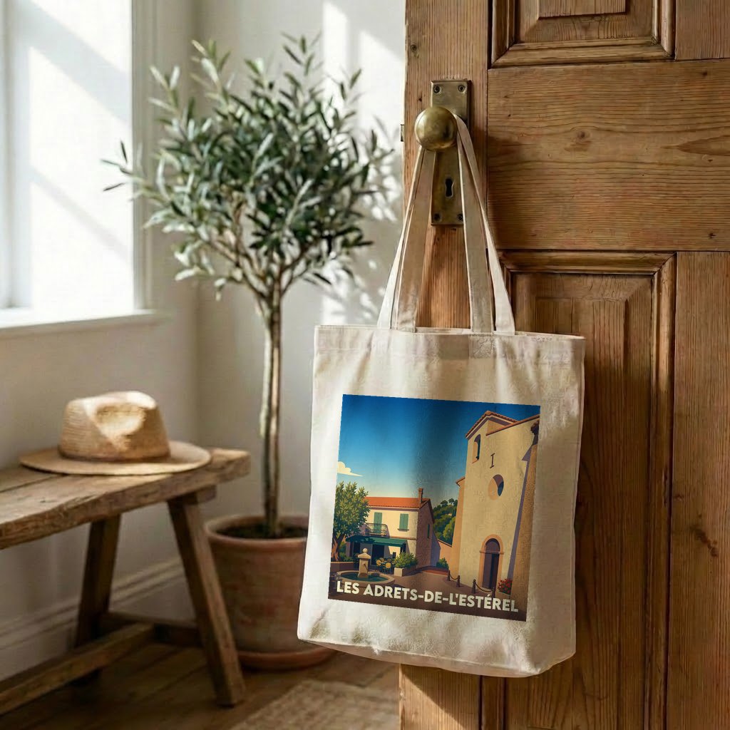Tote bag souvenir de la ville de Les Adrets-de-l'Estérel avec une illustration stylisée.