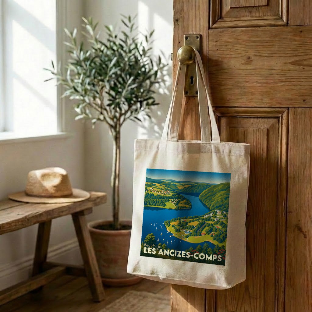 Tote bag souvenir de la ville de Les Ancizes-Comps avec une illustration stylisée d'un paysage de lac.