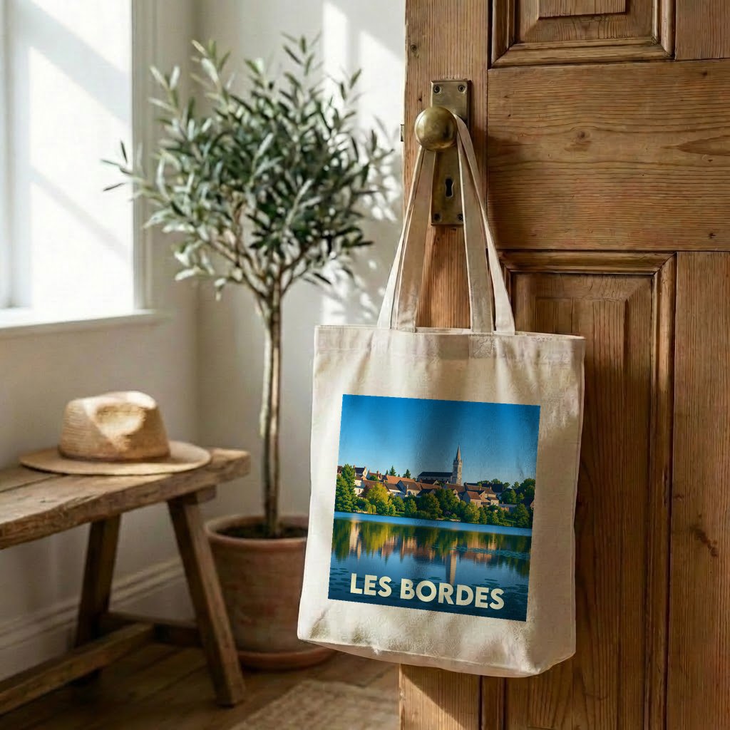 Tote bag souvenir de la ville de Les Bordes avec une illustration de paysage urbain au bord de l'eau.
