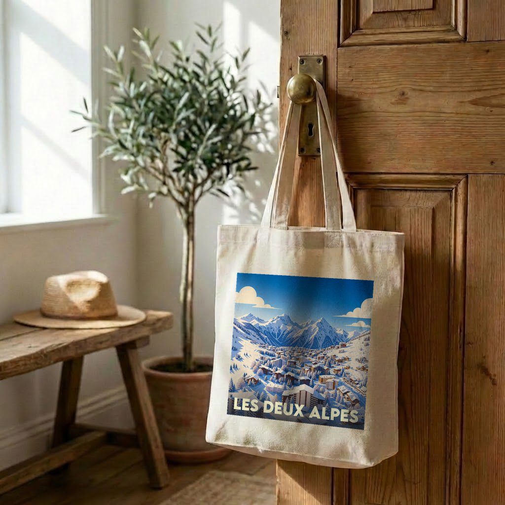 Tote bag souvenir de la station Les Deux Alpes avec une illustration de paysage de montagne enneigé.