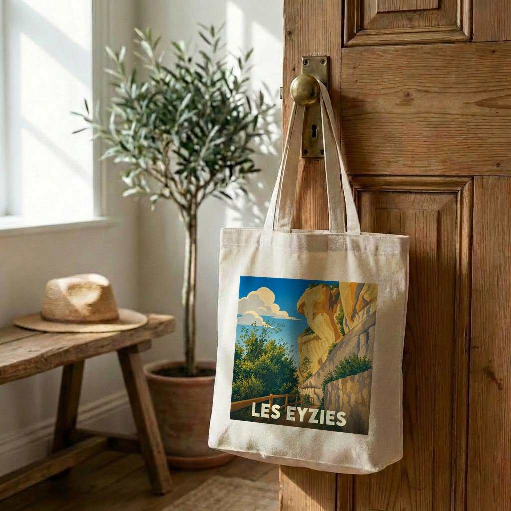 Tote bag souvenir de la ville de Les Eyzies avec une illustration stylisée.