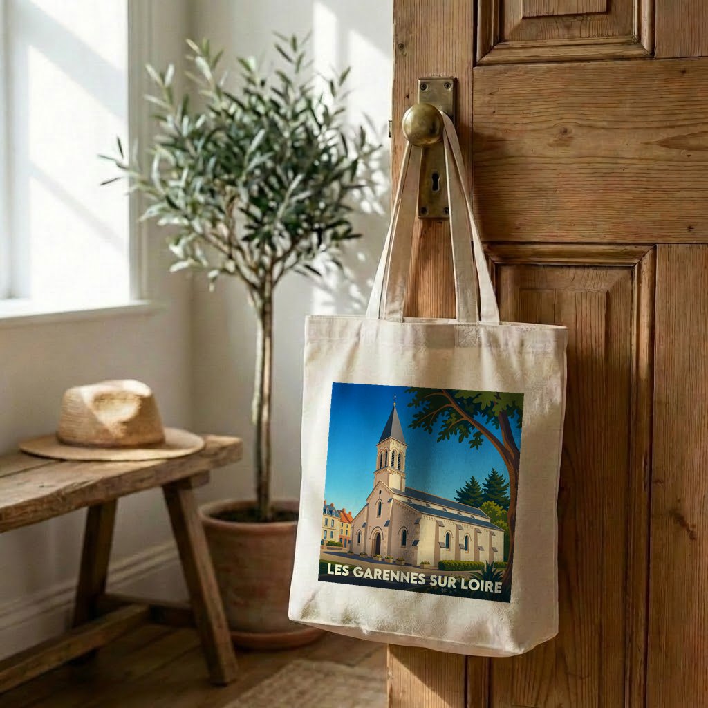 Tote bag souvenir de la ville de Les Garennes sur Loire avec une illustration stylisée d'une église.