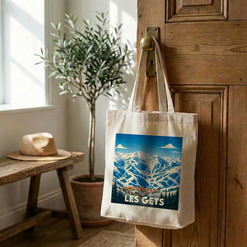Tote bag souvenir de la ville de Les Gets avec une illustration de paysages montagneux.
