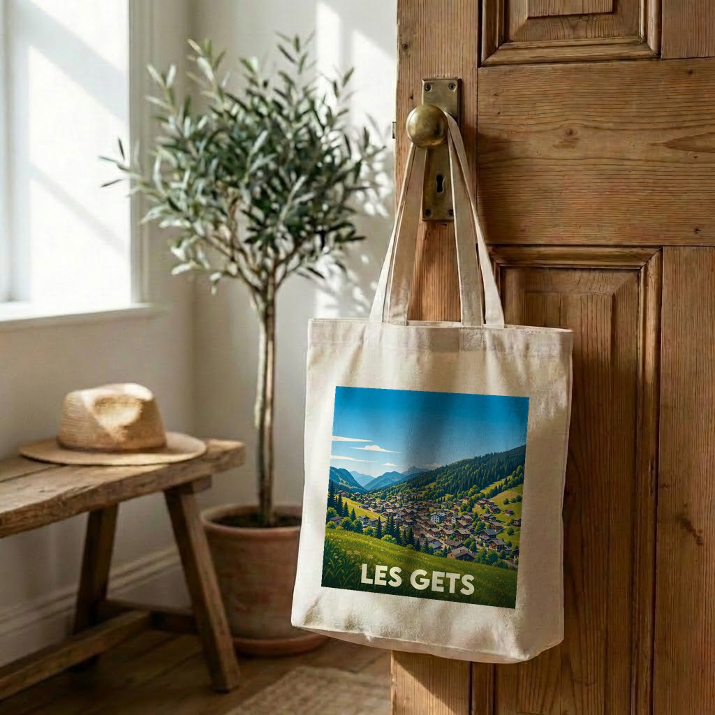 Tote bag souvenir de la ville de Les Gets illustré d'un paysage montagneux stylisé.