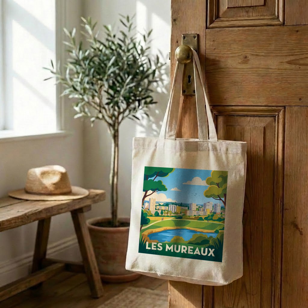 Tote bag souvenir de la ville des Mureaux avec une illustration stylisée.