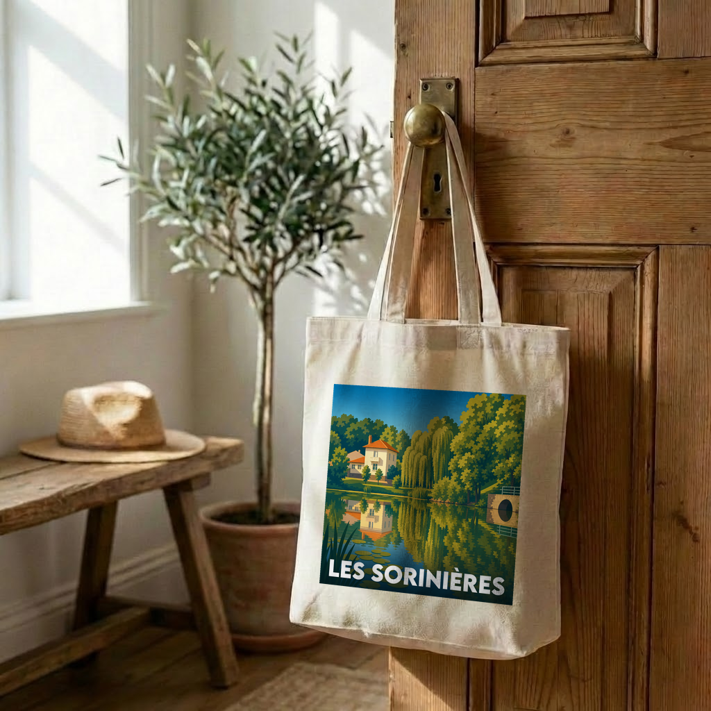 Tote bag souvenir de la ville de Les Sorinières avec une illustration stylisée.