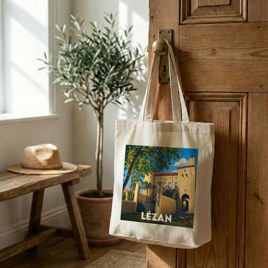 Tote bag souvenir de la ville de Lézan avec une illustration stylisée.