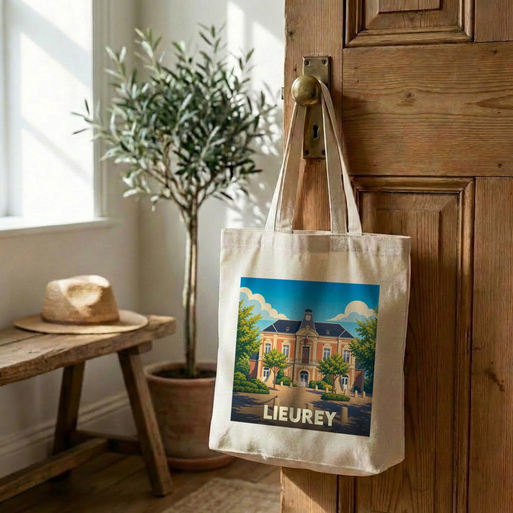 Tote bag souvenir de la ville de Lieurey avec une illustration stylisée.
