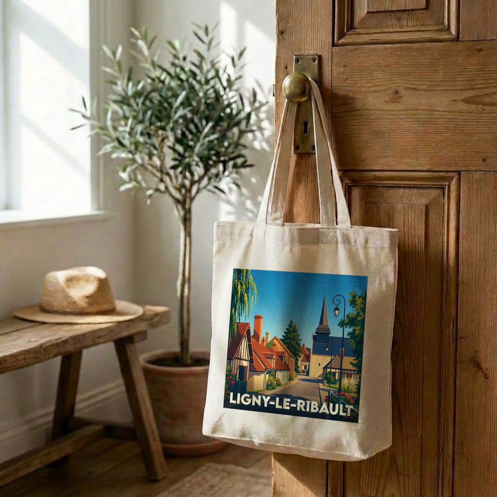 Tote bag souvenir de la ville de Ligny-le-Ribault avec une illustration colorée et stylisée.