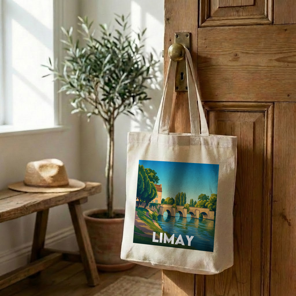 Tote bag souvenir de la ville de Limay avec une illustration stylisée d'un pont sur une rivière.