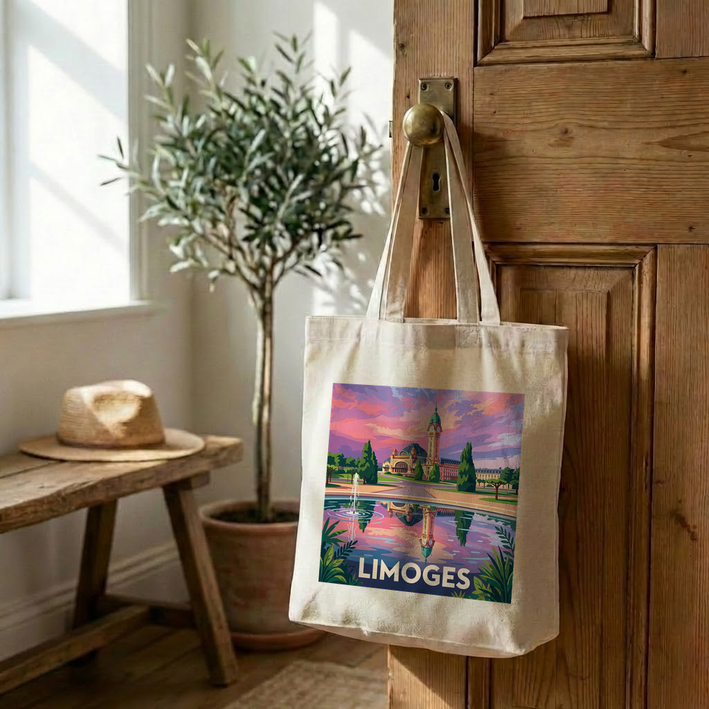 Tote bag souvenir de la ville de Limoges avec une illustration stylisée.
