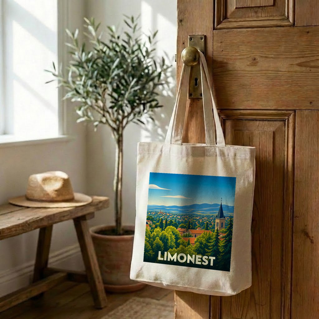 Tote bag souvenir de la ville de Limonest avec une illustration panoramique stylisée.