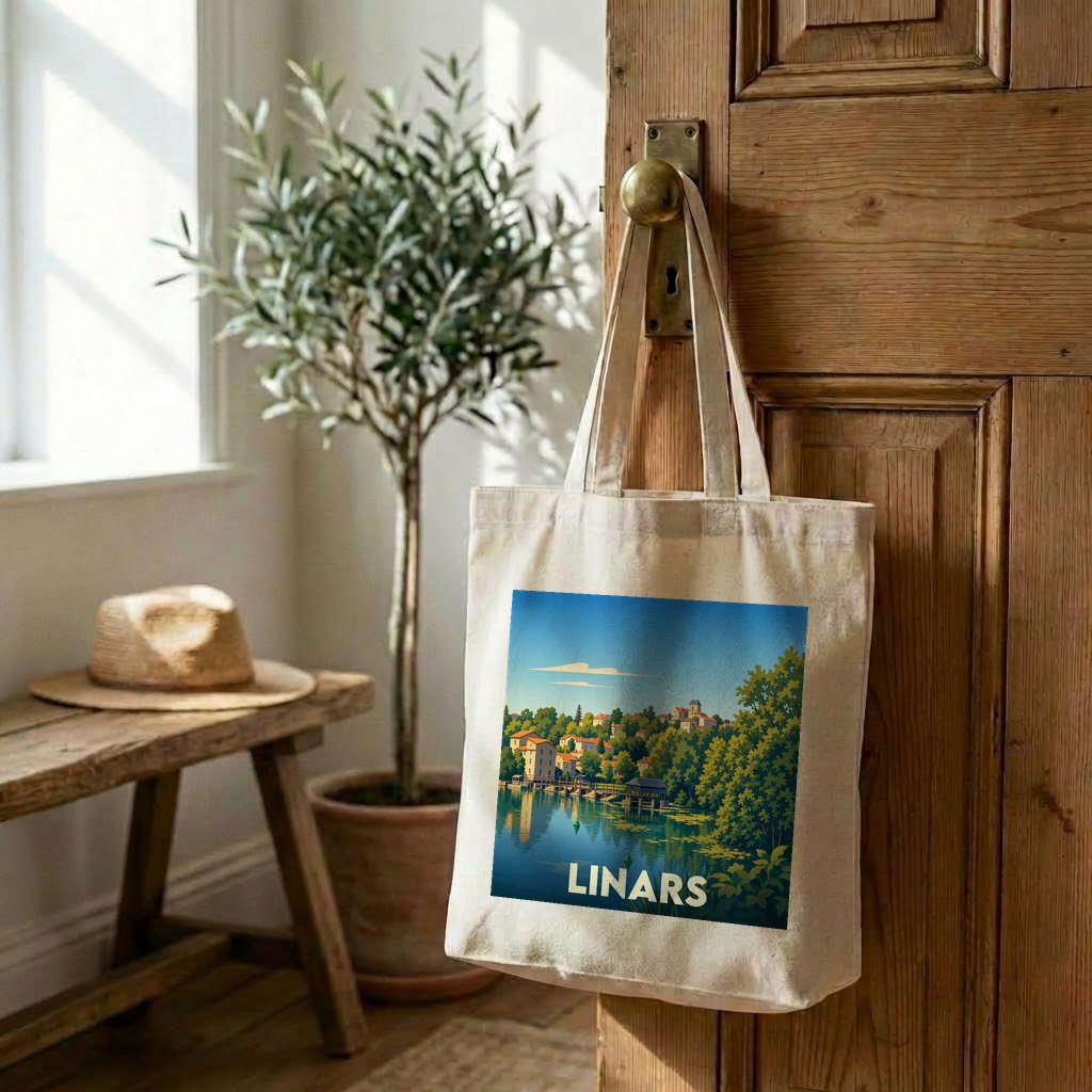 Tote bag souvenir de la ville de Linars avec une illustration stylisée.