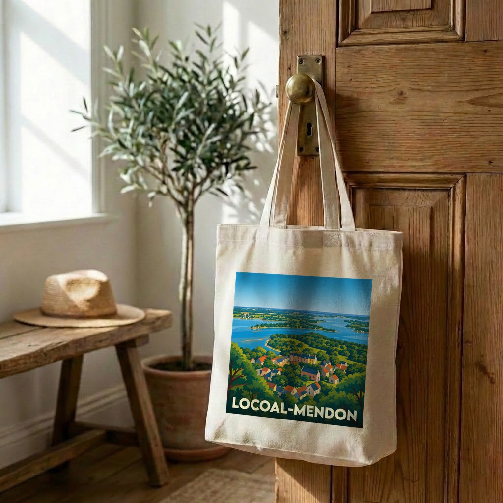 Tote bag souvenir de la ville de Locoal-Mendon avec une illustration stylisée.