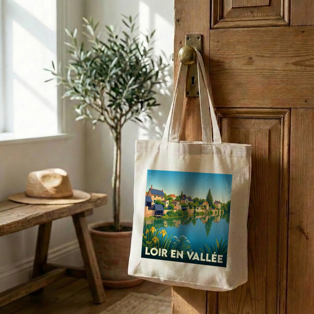 Tote bag souvenir de Loir en Vallée avec une illustration stylisée d'un paysage de bord de l'eau.