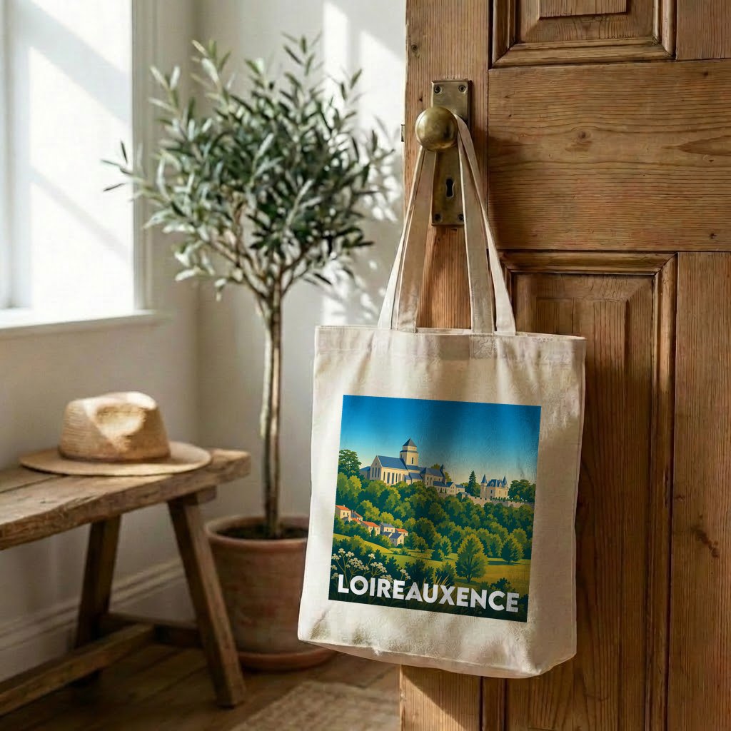 Tote bag souvenir de la ville de Loireauxence avec une illustration paysagère stylisée.