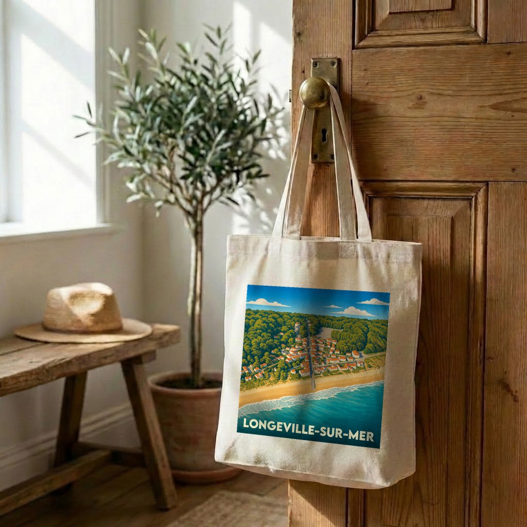 Tote bag souvenir de la ville de Longeville-sur-Mer avec une illustration stylisée.