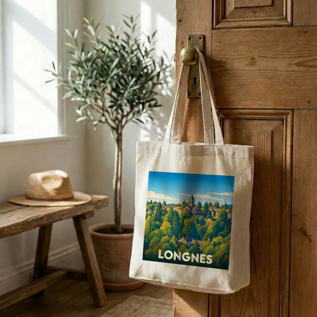 Tote bag souvenir de la ville de Longnes avec une illustration paysagère stylisée.