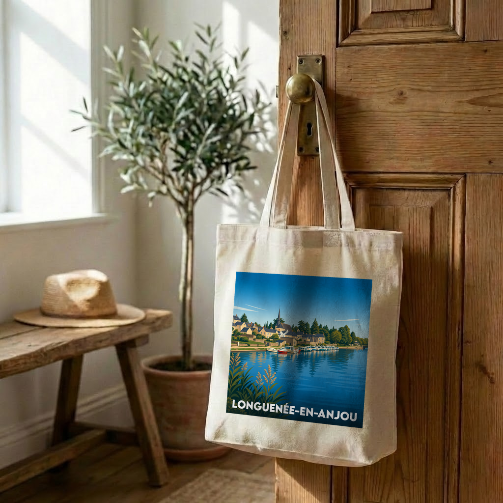 Tote bag souvenir de la ville de Longuenée-en-Anjou avec une illustration stylisée des bords de l'Oudon.