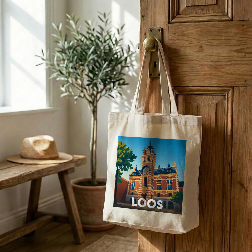 Tote bag souvenir de la ville de Loos avec une illustration stylisée.