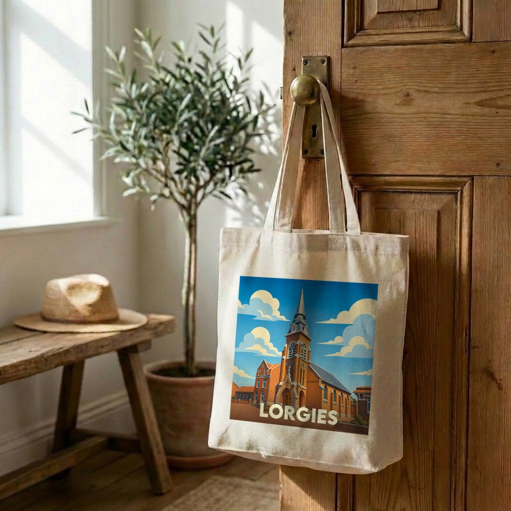Tote bag souvenir de la ville de Lorgies avec une illustration stylisée de son église.