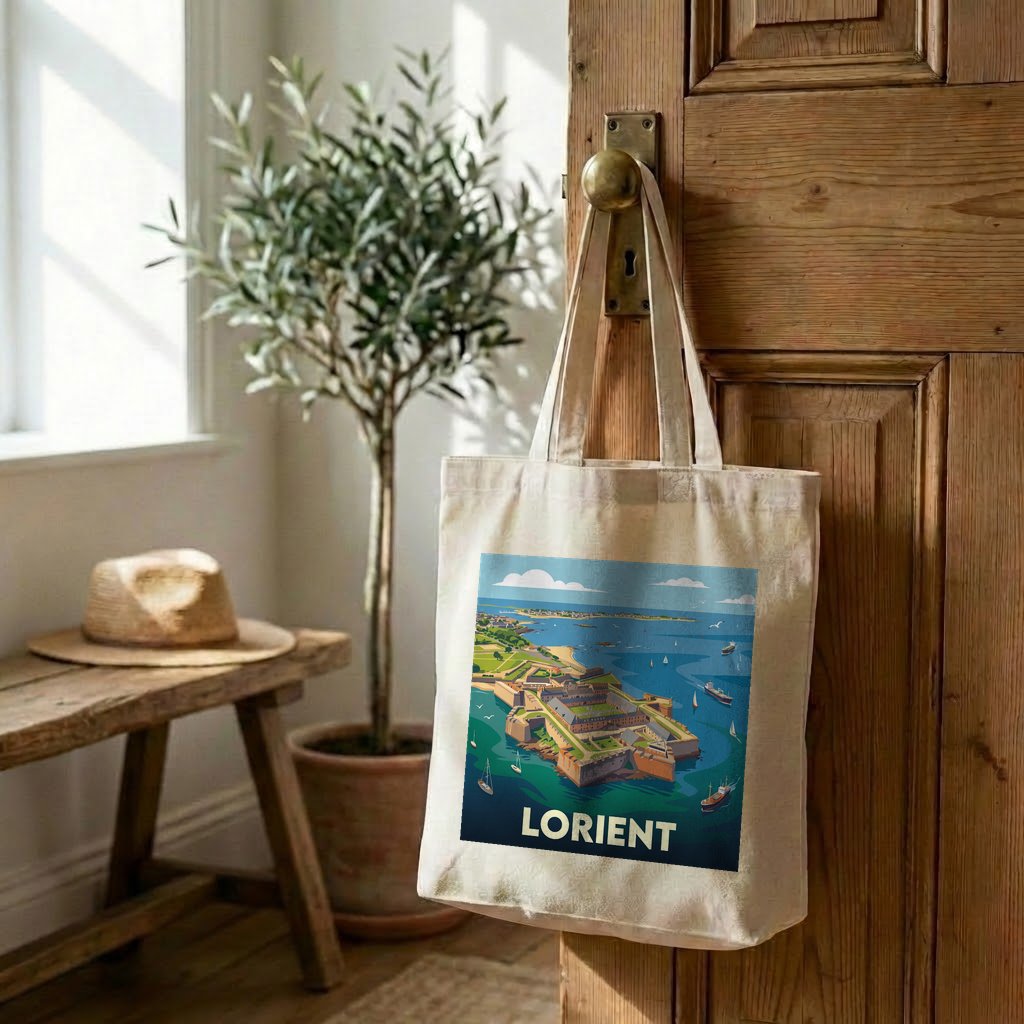 Tote bag souvenir de la ville de Lorient avec une illustration stylisée de son littoral.