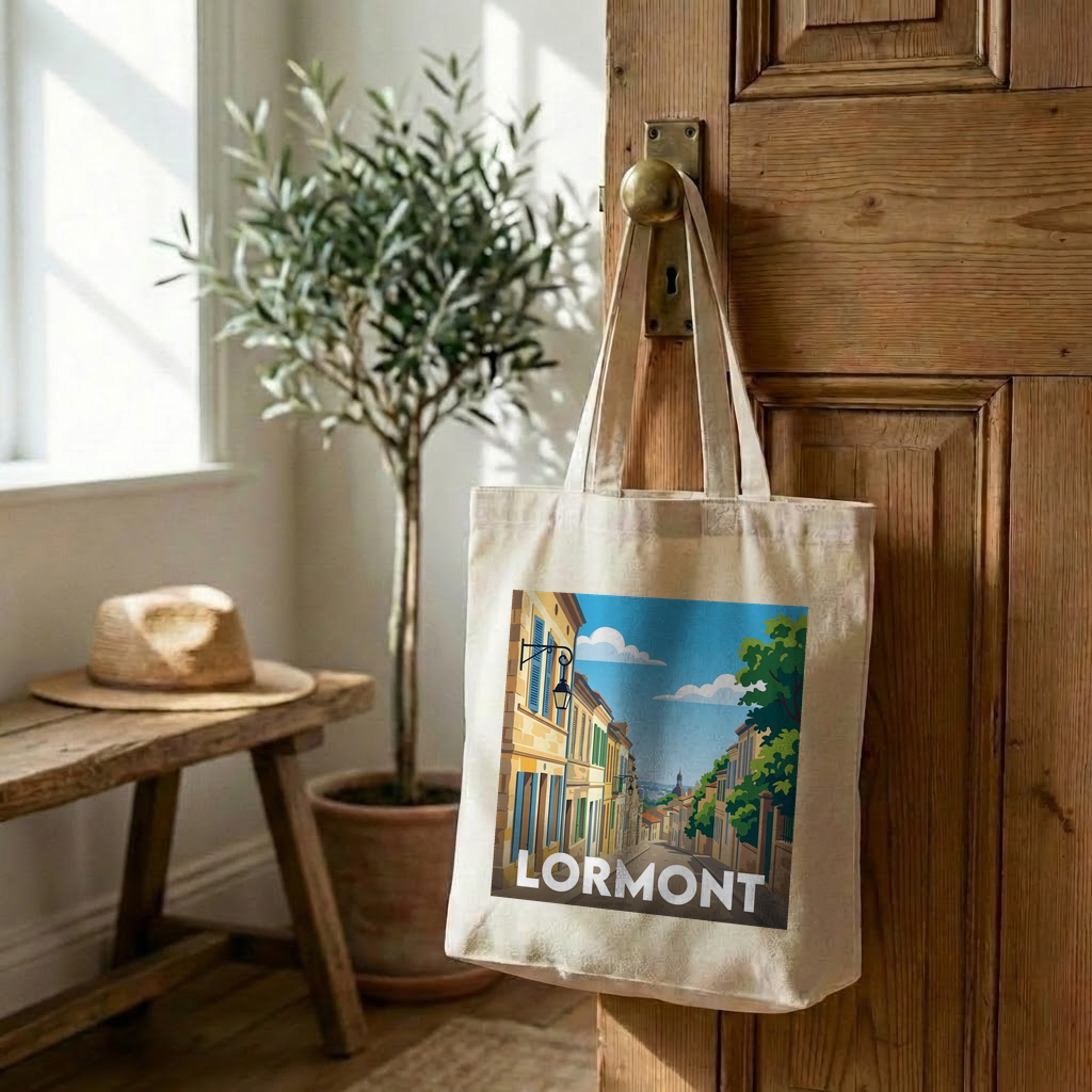 Tote bag souvenir de la ville de Lormont avec une illustration stylisée.