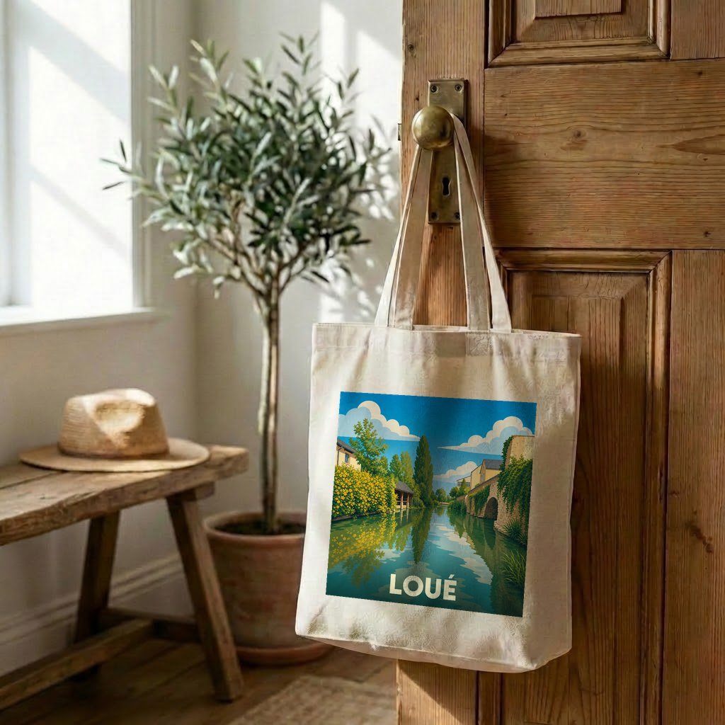 Tote bag souvenir de la ville de Loué orné d'une illustration paysagère stylisée.