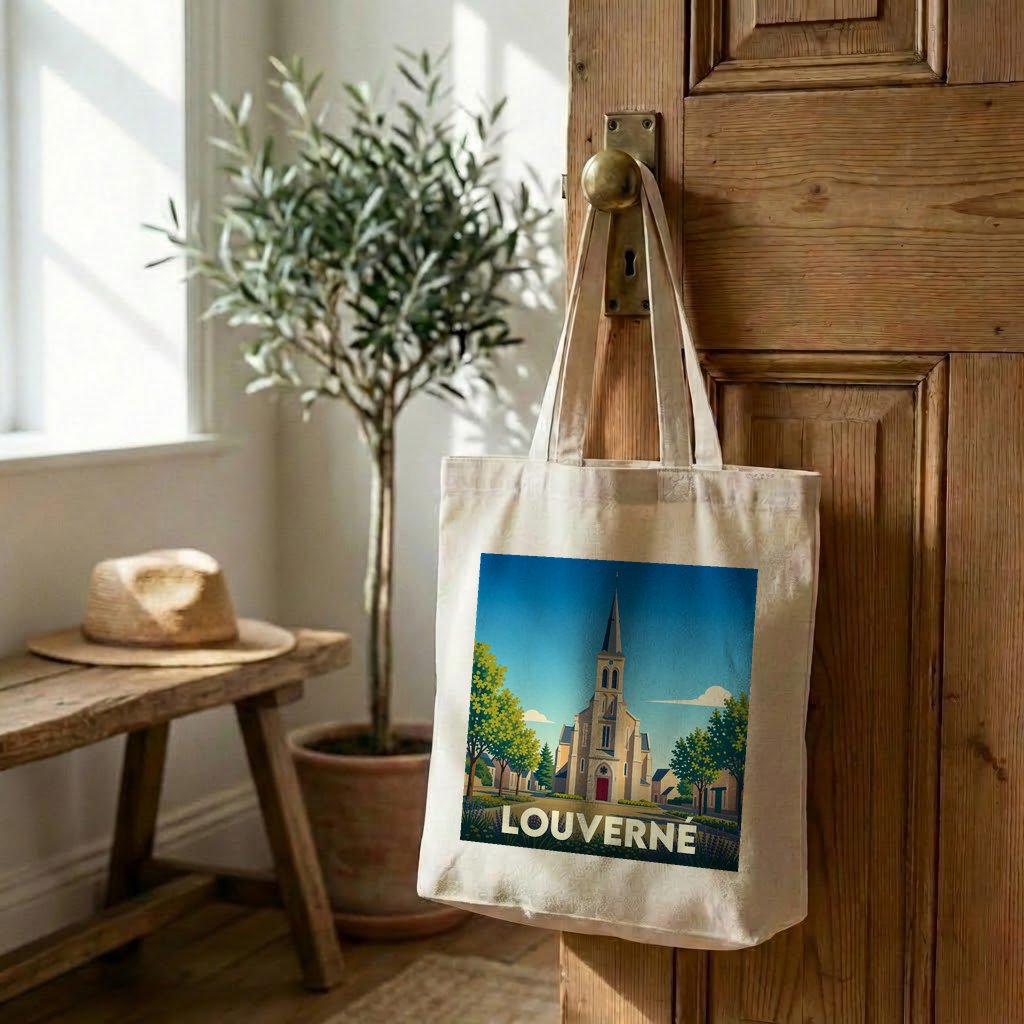 Tote bag souvenir de la ville de Louverné avec une illustration stylisée d'une église.